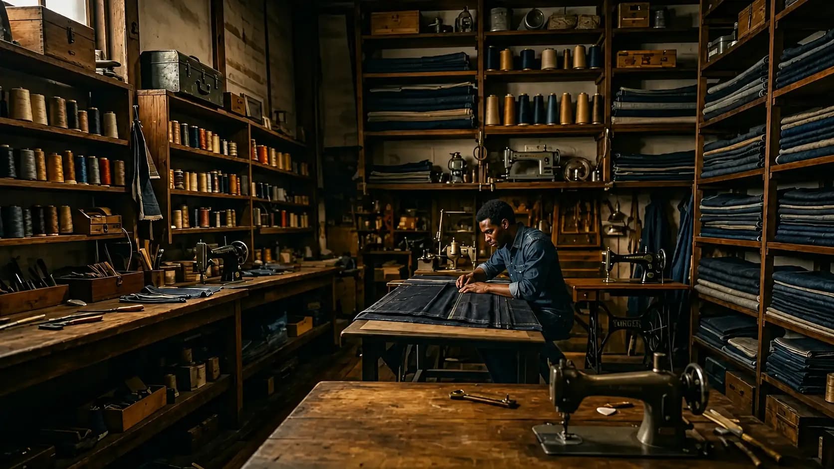Artisan denim craftsmanship — textured weave and raw edges